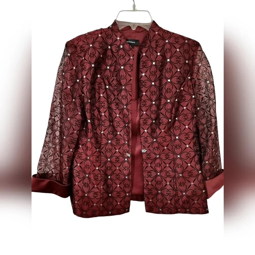 3102)R&M Richards 2 pcs Evening Burgundy Bling Jacket Camisole 3/4 Sleeve Sz 10 - Picture 2 of 11
